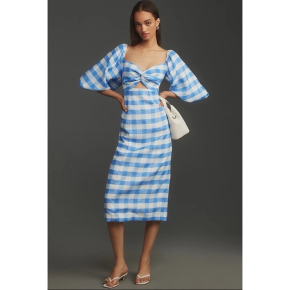 NWT Anthropologie RHODE Noa Linen Midi Dress Short Sleeve Checkered Blue White - Picture 1 of 14